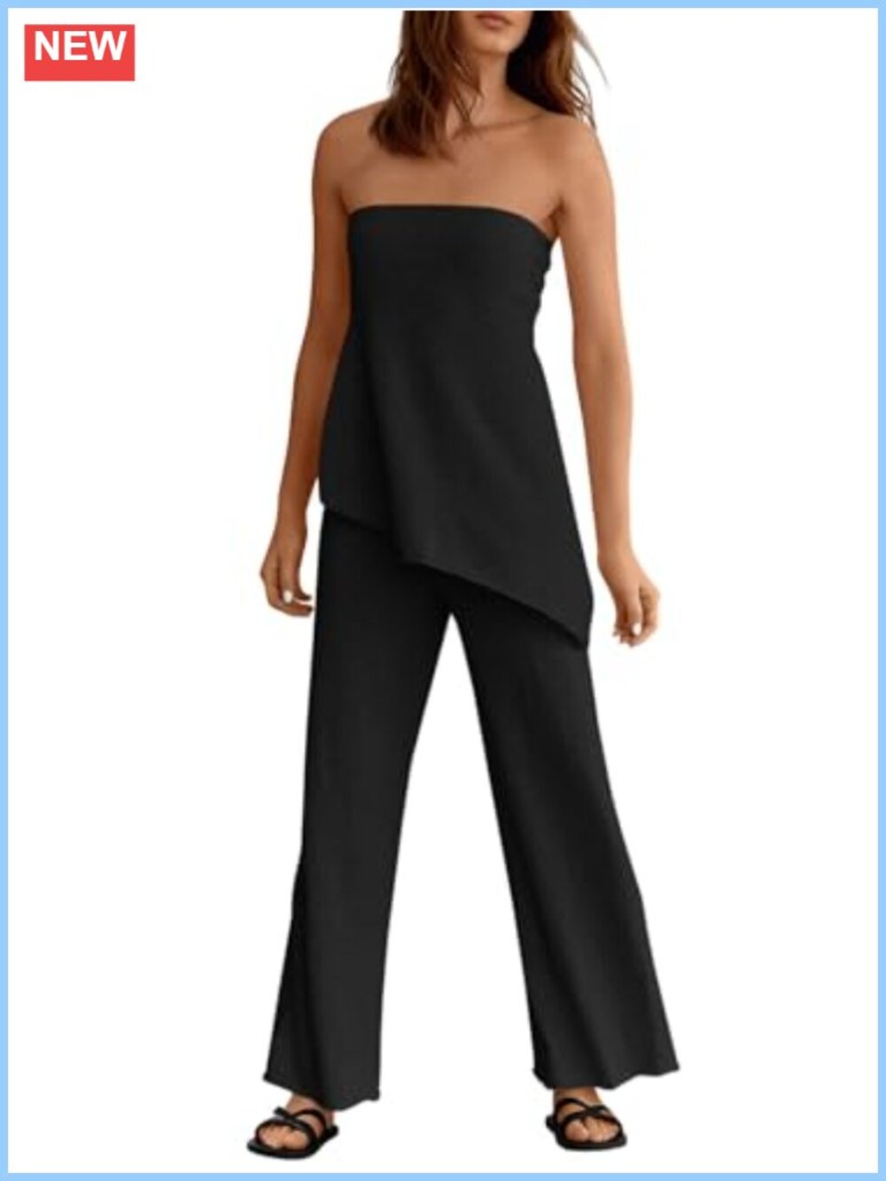 Knit 2 Piece Set Asymmetrical Tube Top Wide Leg Pants Lounge Vacation